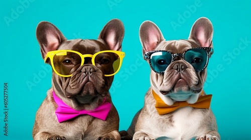 French bulldogs wearing colorful sunglasses - Generative AI © AlineAll