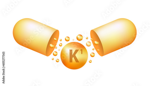 Vitamin K1 gold shining icon. Ascorbic acid. K1 Menaquinone pill capsule. 3D Yellow drug nutrition design. Essential vitamin complex. Healthy life concept. Shining capsule. Vector illustration