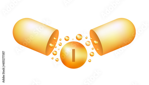 Vitamin I gold shiny tablet capsule. Vitamin shining pill capsule icon. Shining golden substance drop. Meds ads. Beauty treatment nutrition skin care design. Vector illustration