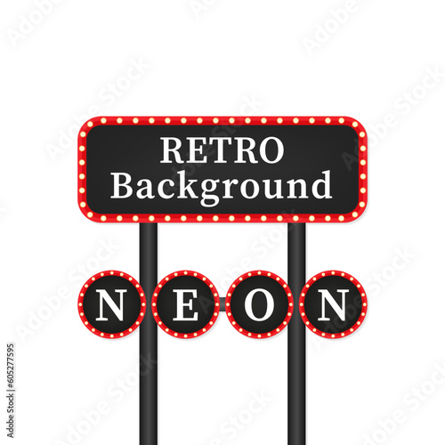 Neon sign with lights, Retro billboard in city at night, Clean place with a 3D frame. Volumetric vintage frame, Roadside sign from the 50s. Vector illustration