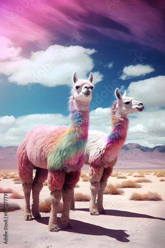 Abstract Art. Pink Llamas in the Desert. Generative AI photo