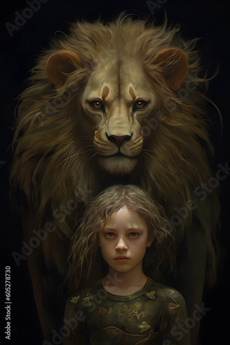 Abstract Art. Lion with a Girl Portrait Illustration. Generative AI