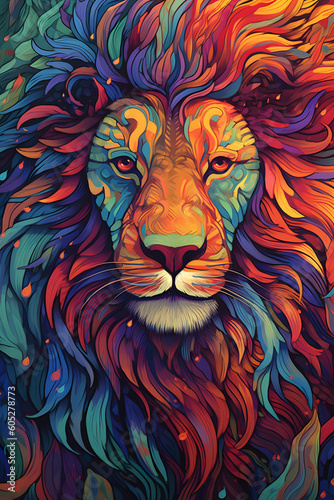 Abstract Art. Colorful Lion Portrait Illustration. Generative AI