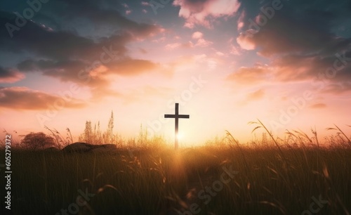 Tela black cross religion symbol silhouette in grass over sunset sky background, Gene