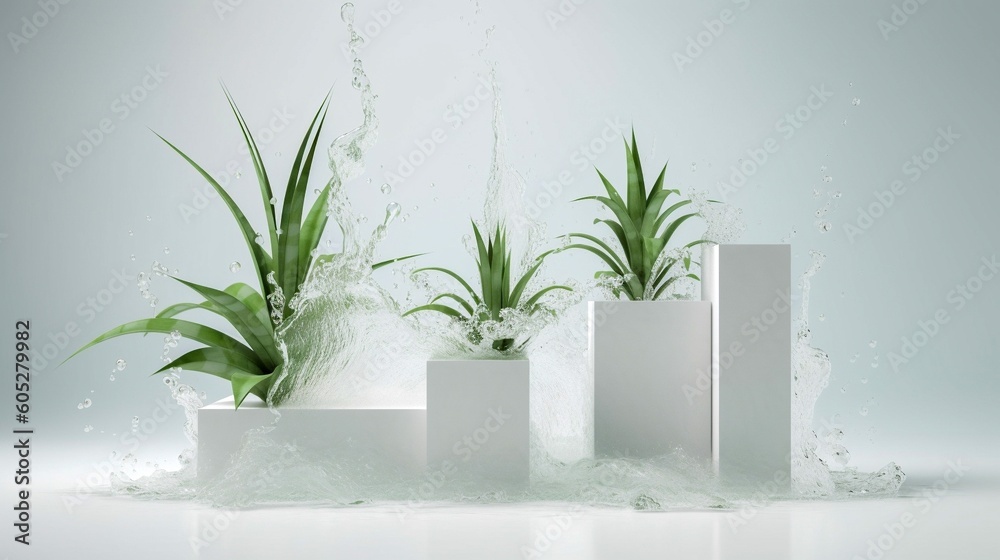 Product presentation podium with aloe vera plant, green leaves in water splash. Generative AI.