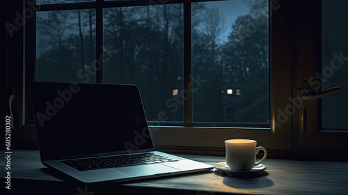 A laptop and a cup of coffee on a table at night