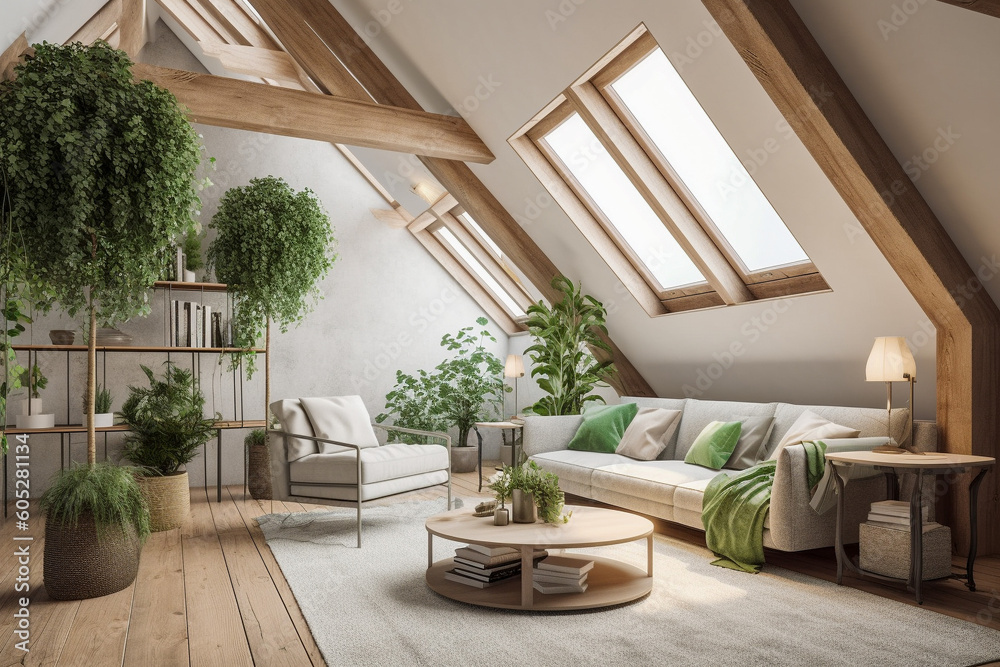 Modern cozy living room, eco interior design with beige colors and plants. Super photo realistic background, generative ai illustration Modern cozy living room, eco interior design with beige colors and plants. Super photo realistic background, generative ai illustration