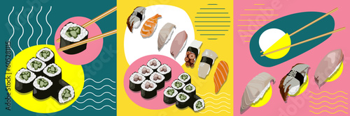 Realistic fresh sushi design concept set isolated vector illustration