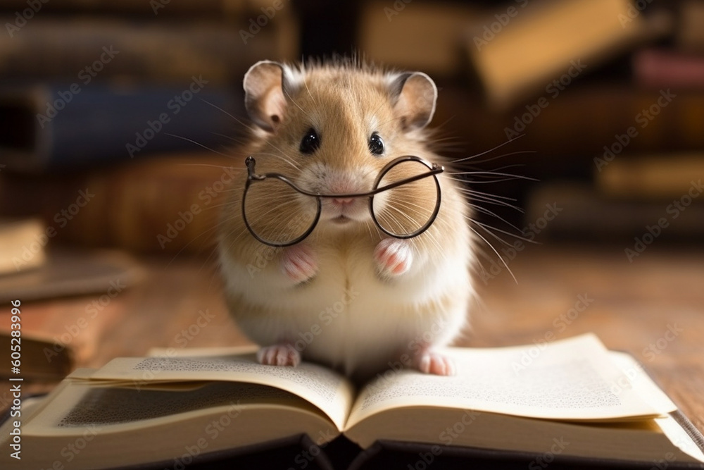 A tiny hamster with round spectacles, reading a miniature book Generative AI