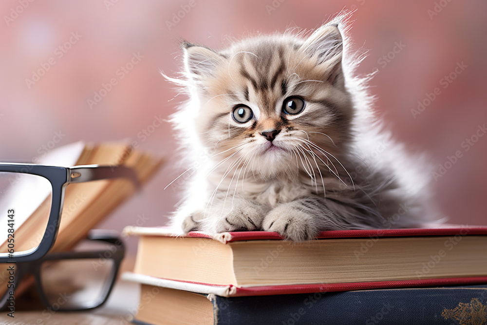 A small kitten perched on a stack of books, donning cute pink glasses Generative AI A small kitten perched on a stack of books, donning cute pink glasses Generative AI