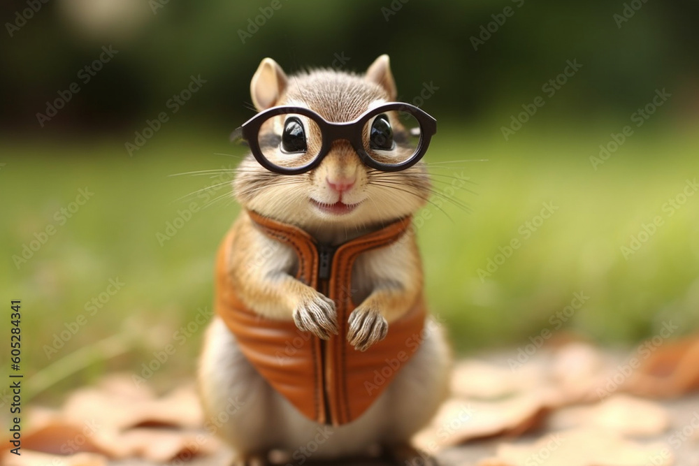 A tiny chipmunk wearing cat-eye glasses, nibbling on a mini pair of nuts Generative AI A tiny chipmunk wearing cat-eye glasses, nibbling on a mini pair of nuts Generative AI