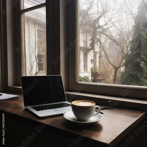 A laptop and a cup of coffee on a table