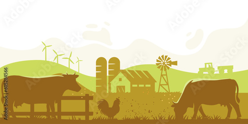 Cow silhouette in farm landscape. Farmland eco life