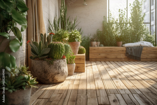 Modern cozy wooden terrace, eco interior design with beige colors and plants. Super photo realistic background, generative ai illustration