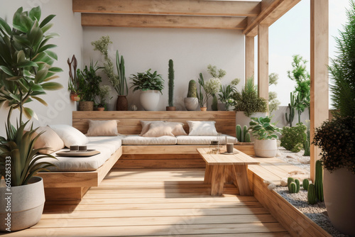 Modern cozy wooden terrace  eco interior design with beige colors and plants. Super photo realistic background  generative ai illustration