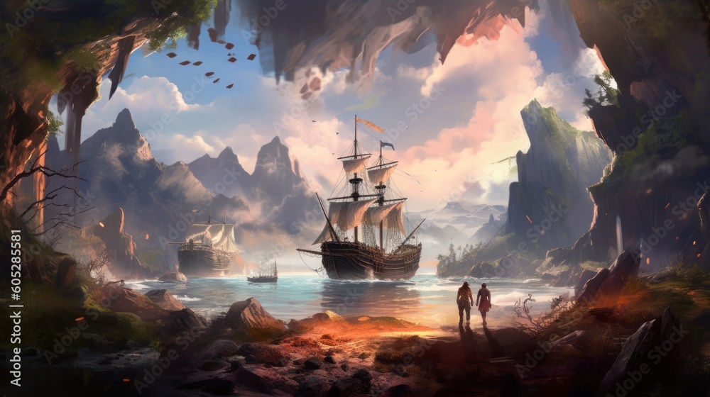 Fototapeta premium Game art piece that depicts a pivotal moment in the middle of an epic journey