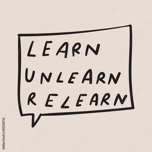 Learn unlearn relearn. Lettering. Graphic design for social media. Vector hand drawn illustration.