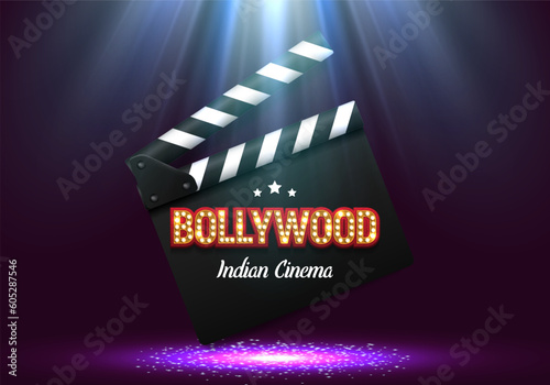 Bollywood indian cinema. Movie banner or poster with clapperboard illuminated by spotlights. Vector illustration.