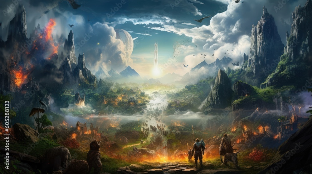 Obraz premium Game art piece that depicts a pivotal moment in the middle of an epic journey