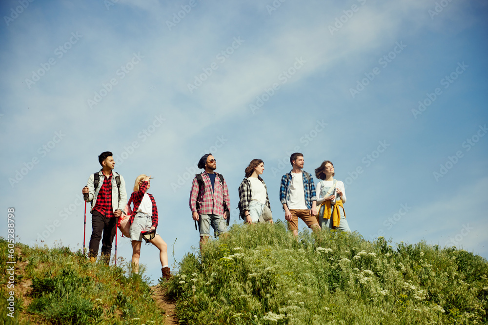 Group of friends walking in meadow on warm, sunny, summer day. Young people standing on hill and enjoying nature, landscape. Concept of active lifestyle, nature, sport and hobby, friendship