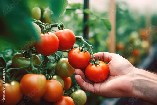 Men's hand holding red ripe tomatoes on plants in greenhouse. Generative AI.