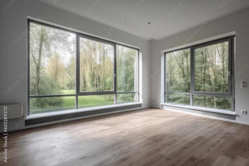 Empty room with large windows overlooking the forest. Generative AI Empty room with large windows overlooking the forest. Generative AI