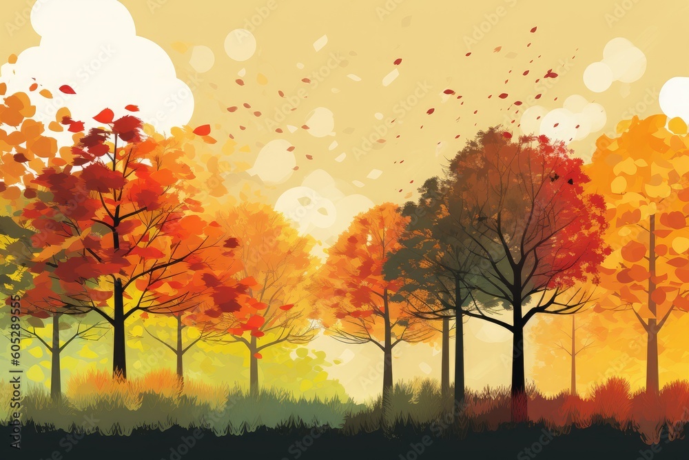 Colorful illustration of autumn forest. Generative AI