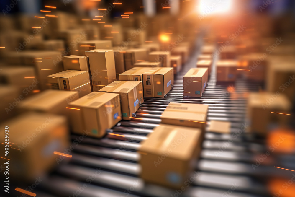 Parcels and boxes on a distribution production line. Generative ai Parcels and boxes on a distribution production line. Generative ai