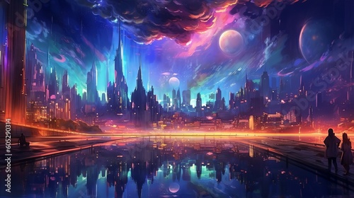Drawing fairy tale city of the future Vibrant colors Generative AI © Dzmitry
