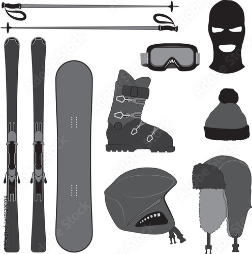 Ski Equipment Silhouettes Set, Isolated on White Background