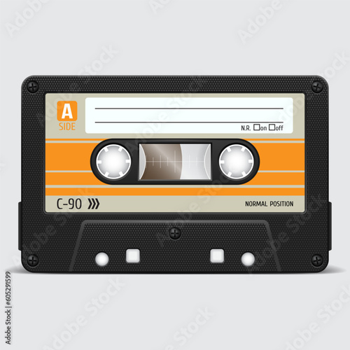 Retro audio cassette. Audio tape. Old technology. Realistic vector cassette on a white background.