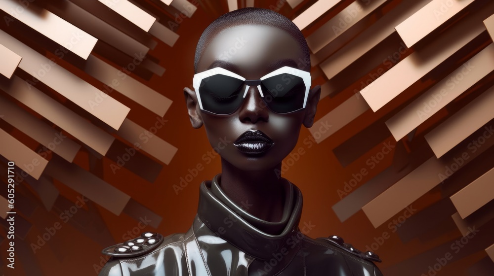 Modern afro woman portrait in brown sunglasses, chocolate color model face. Fashion glasses design concept. Created with AI Modern afro woman portrait in brown sunglasses, chocolate color model face. Fashion glasses design concept. Created with AI