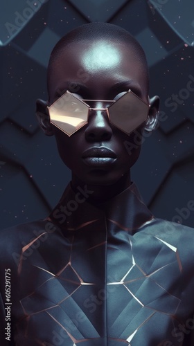 Modern afro woman portrait in brown sunglasses, chocolate color model face. Fashion glasses design concept. Created with AI