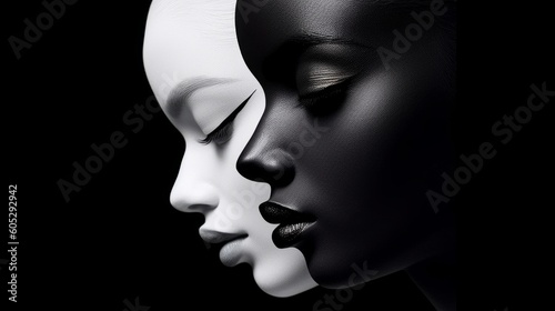 Print op canvas Contemporary female face painting portrait, dark and white complexion, close-up of eyes and lips
