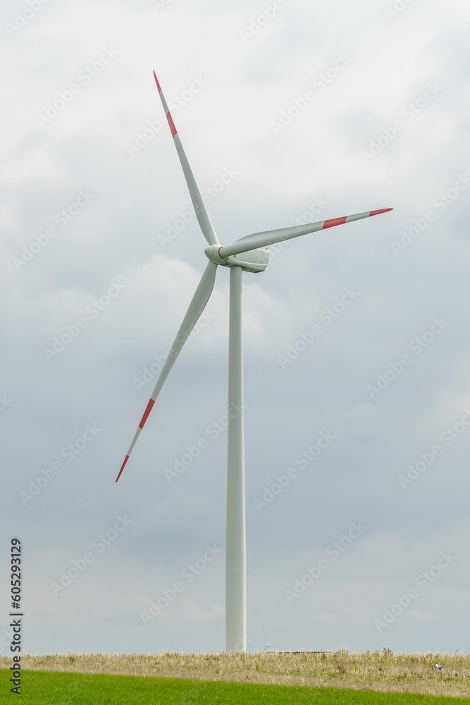 Vertical shot of wind turbines under the clouds in a green field during the day Vertical shot of wind turbines under the clouds in a green field during the day