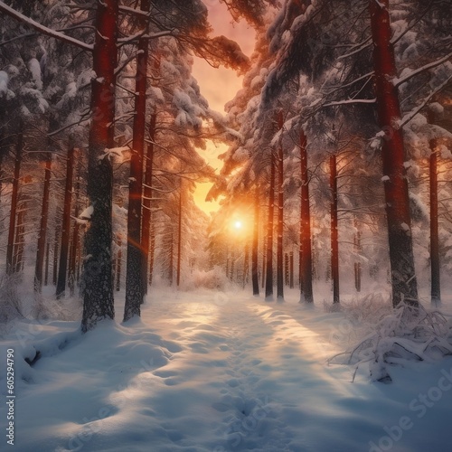 Winter Glow Snow Covered Pine Trees. Generative AI