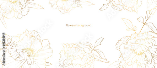 Golden floral border frame card template. Gold line peony flower for bunner, wedding card. Rectangle corners sides decoration.