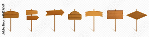 Wood arrow sign board vector. Road pointer placard vector. 3d blank wooden signboard panel isolated illustration on pole. Realistic brown empty travel information guide notice frame on stick