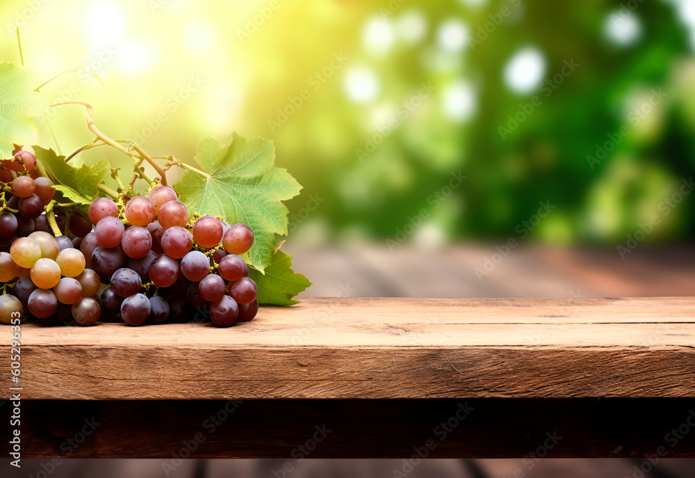 Empty wooden table with grape vine background. Generative AI
