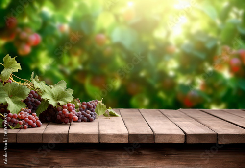 Empty wooden table with grape vine background. Generative AI
