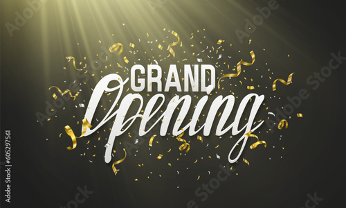 Grand opening. Banner with colden confetti. Ceremony presentation. Vector illustration. photo