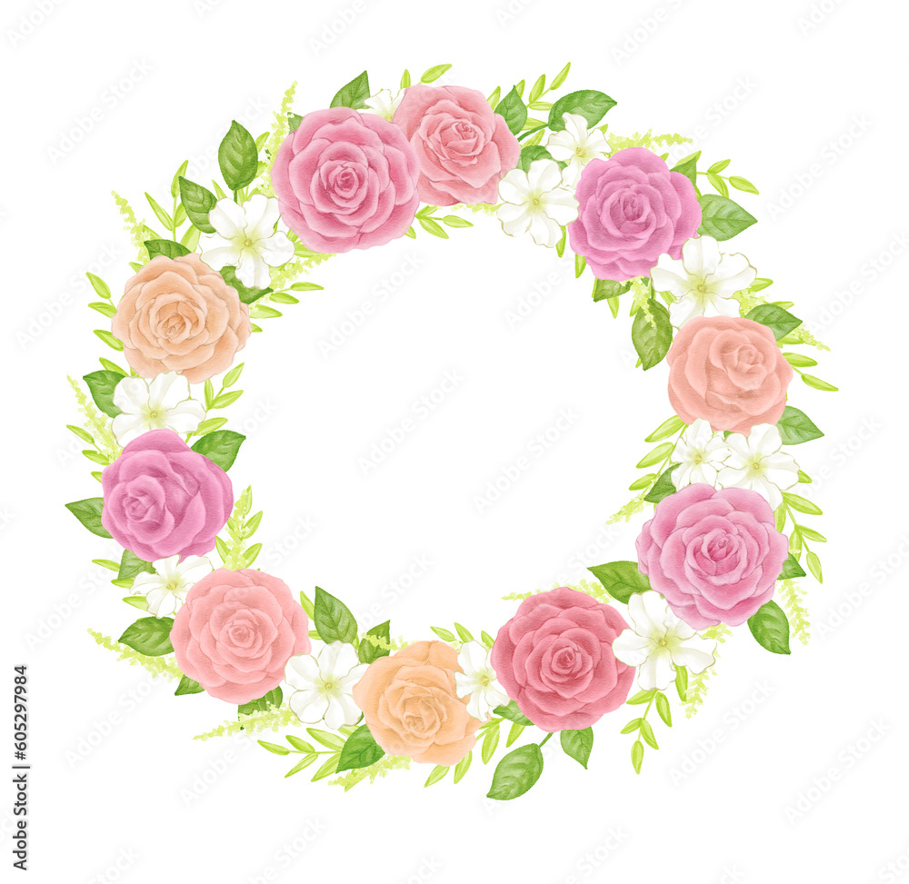Wreath frame of roses such as dull pink drawn with digital watercolor