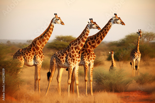 A group of giraffes grazing in the savanna representing elegance and grace
