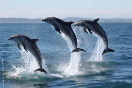 A group of dolphins jumping out of the water representing playfulness and intelligence © alisaaa
