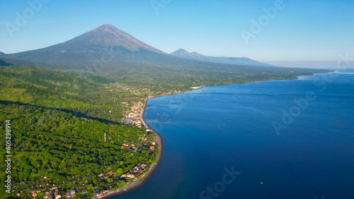 Aerial view of Amed. Amed is a 14-km strip of fishing villages in Karangasem Regency on the east coast of Bali, Indonesia.	 photo