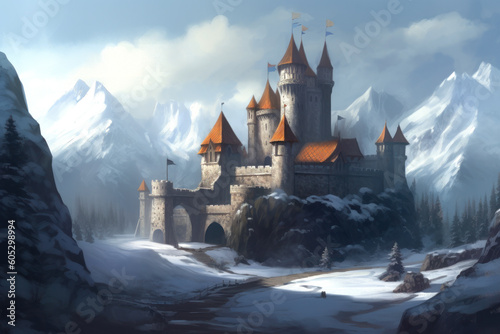 animated castle on hilltop with snow mountains ai image generated