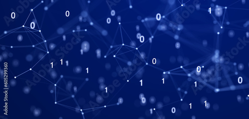 Cybersecurity. Abstract connections background. Network connected with points. Binary code. Big data analysis. 3d rendering illustration