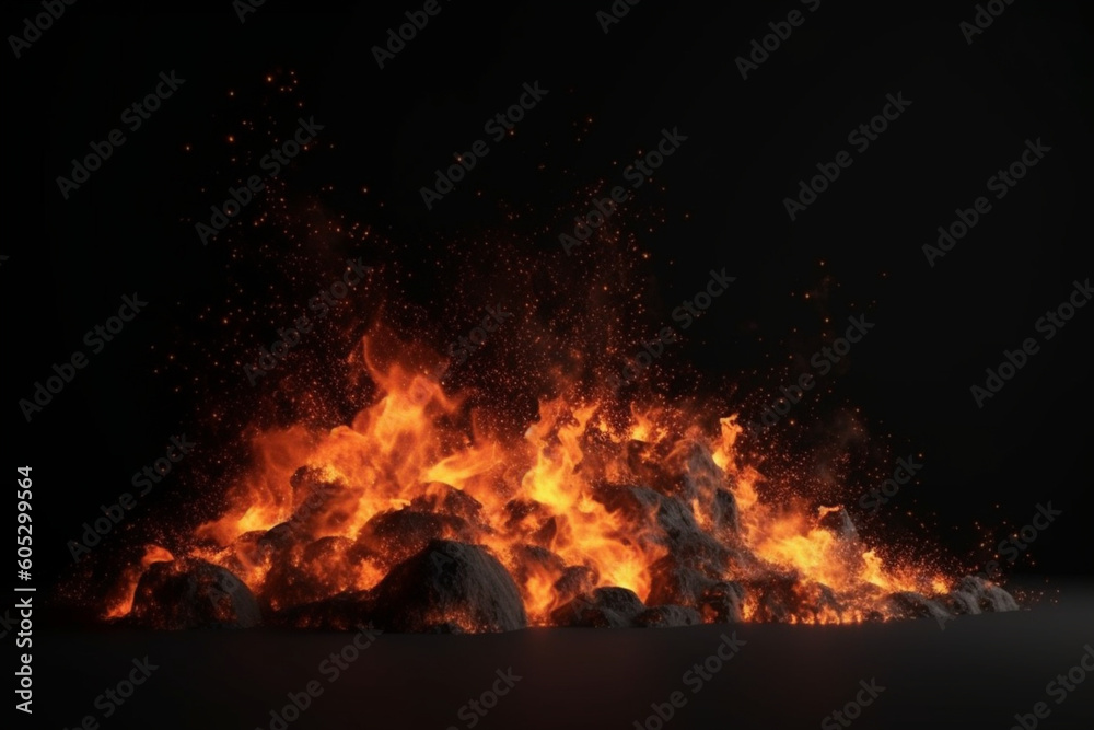 3D fire and Burning embers glowing, Fire Glowing Particles on Black Background