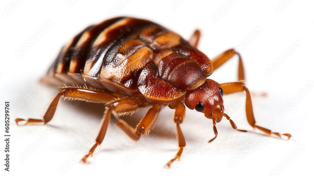 AI Generated. CloseUp of Bedbug Cimex hemipterus on White Background. Macro Photography Revealing Intricate Details of this Creepy Pest. Effective Pest Control and Eradication. AI Generated. CloseUp of Bedbug Cimex hemipterus on White Background. Macro Photography Revealing Intricate Details of this Creepy Pest. Effective Pest Control and Eradication.