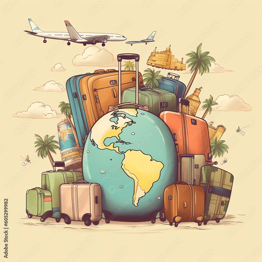 AI Generated. Colorful Travel Illustration with Suitcases, Planes, and